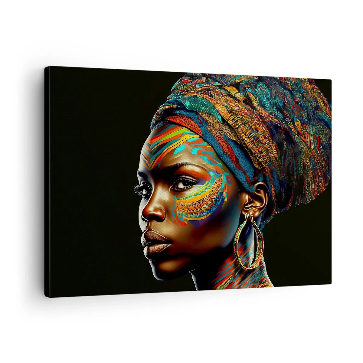 Schilderen op canvas - Portret van een vrouw met een kleurrijk patroon en een tulband - 70x50cm - Afrikaanse koningin - Moderne wanddecoratie voor woonkamer en slaapkamer ARTTOR