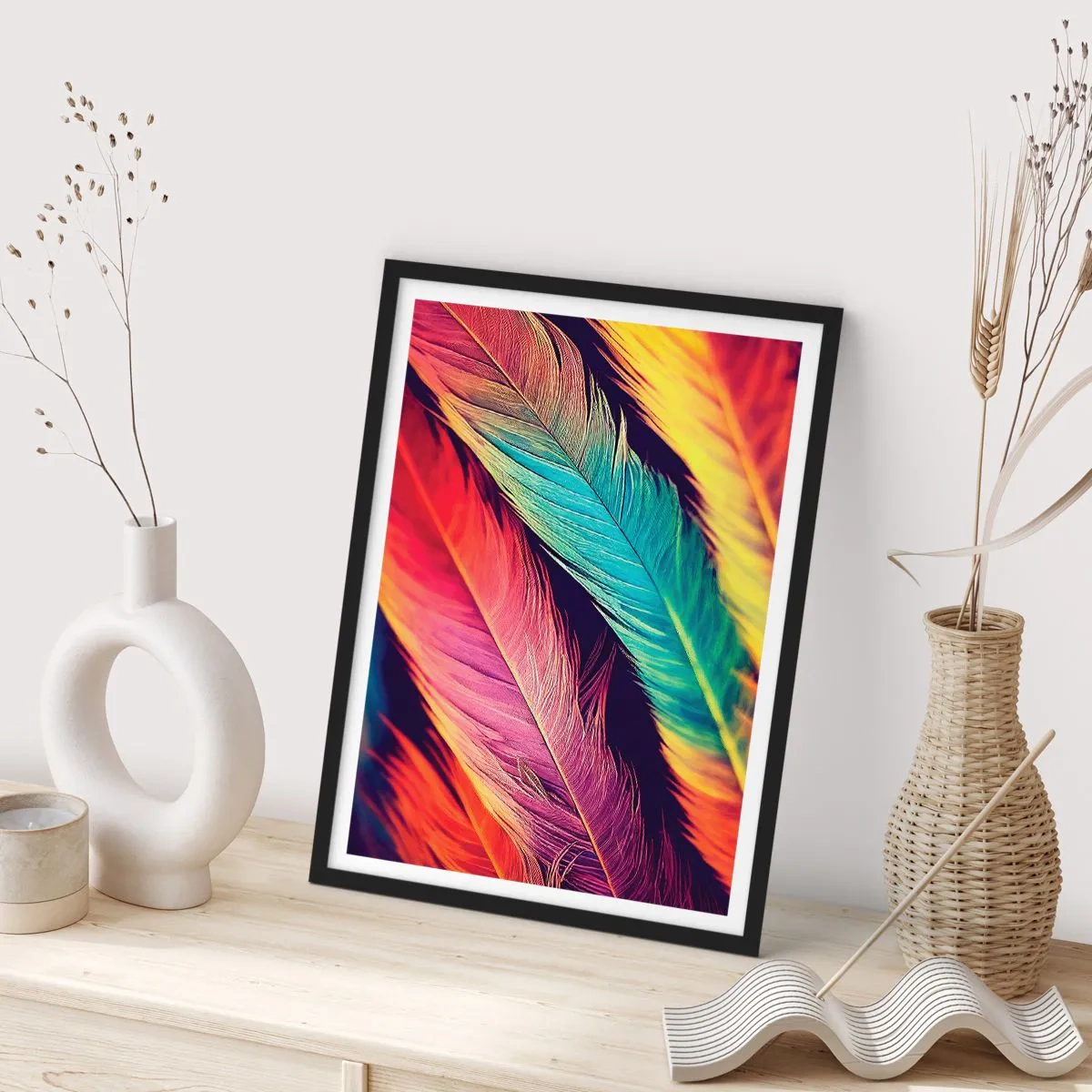 Poster in een zwarte lijst - Kleurrijke veren in levendige tinten op een donkere achtergrond - 50x70cm - Gevederde regenboog - Moderne wanddecoratie voor woonkamer en slaapkamer ARTTOR