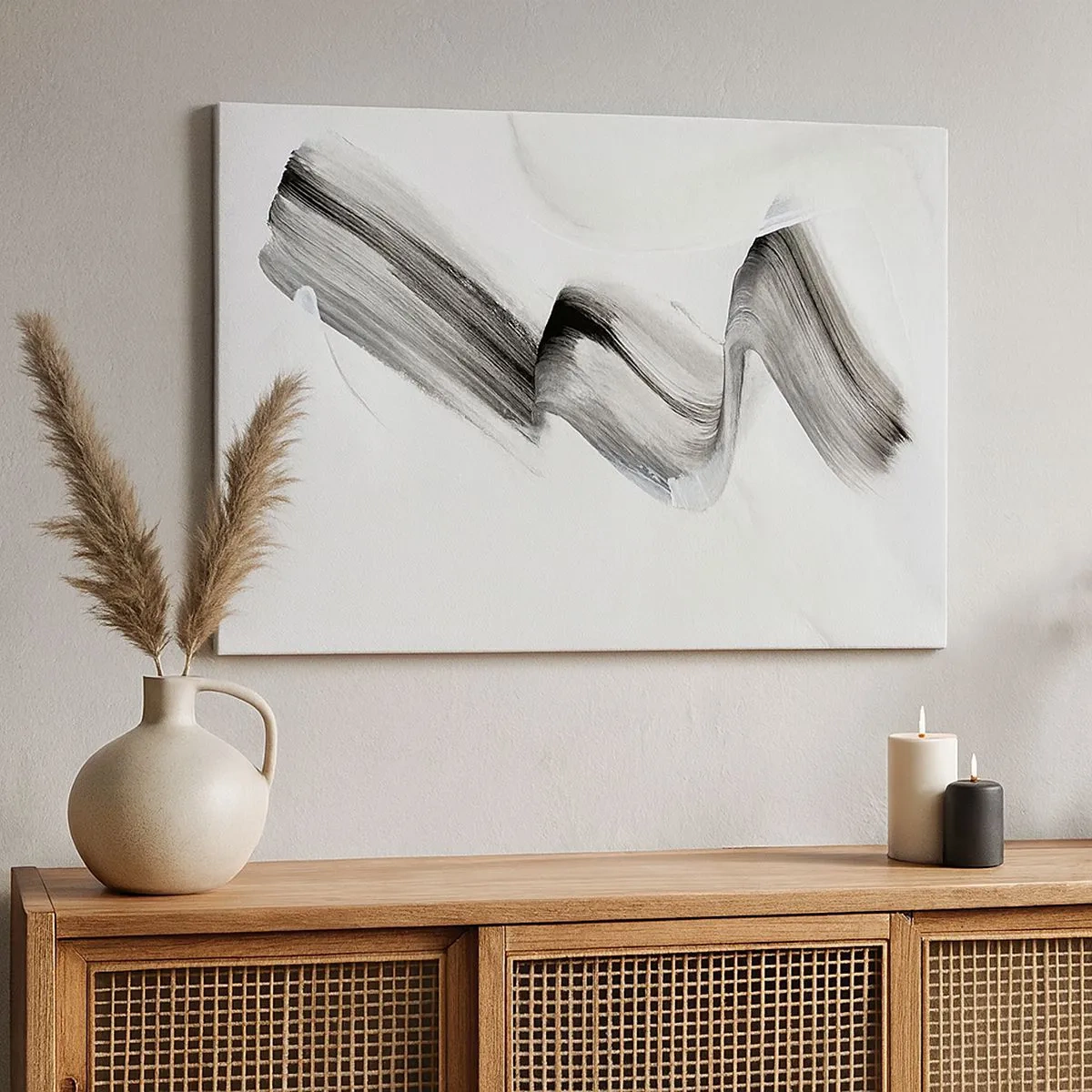 Schilderen op canvas - Abstracte zwart-witte penseelstreek op een lichte achtergrond - 70x50cm - Terloops voor de lol - Moderne wanddecoratie voor woonkamer en slaapkamer ARTTOR
