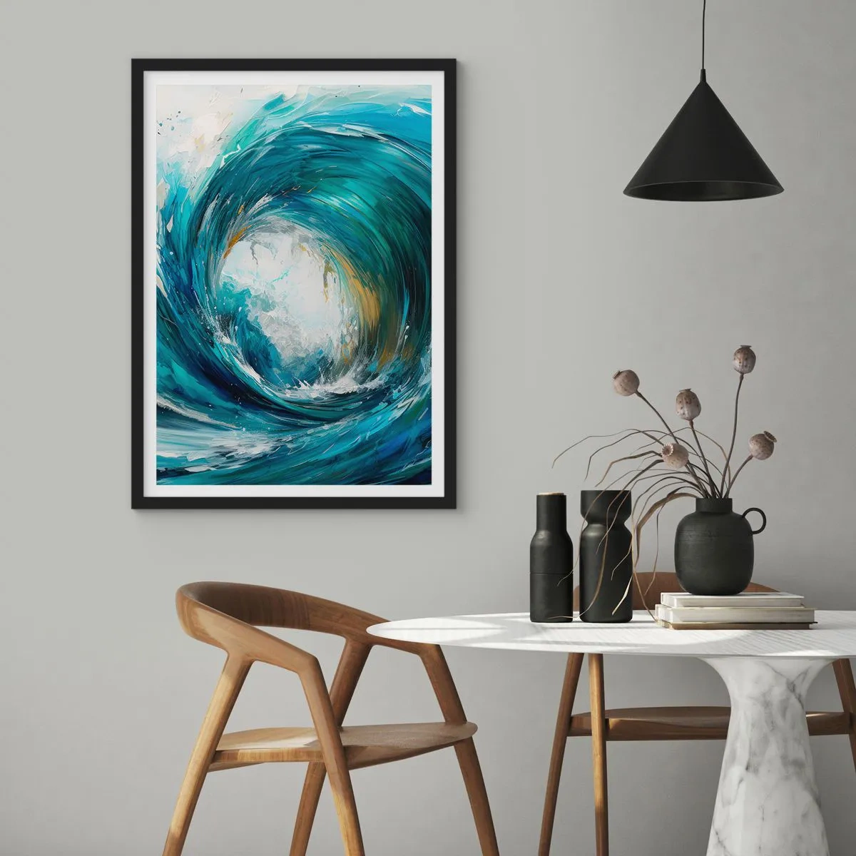 Poster in een zwarte lijst - Abstracte golf in tinten turquoise, blauw en wit - 50x70cm - Zeeportaal - Moderne wanddecoratie voor woonkamer en slaapkamer ARTTOR