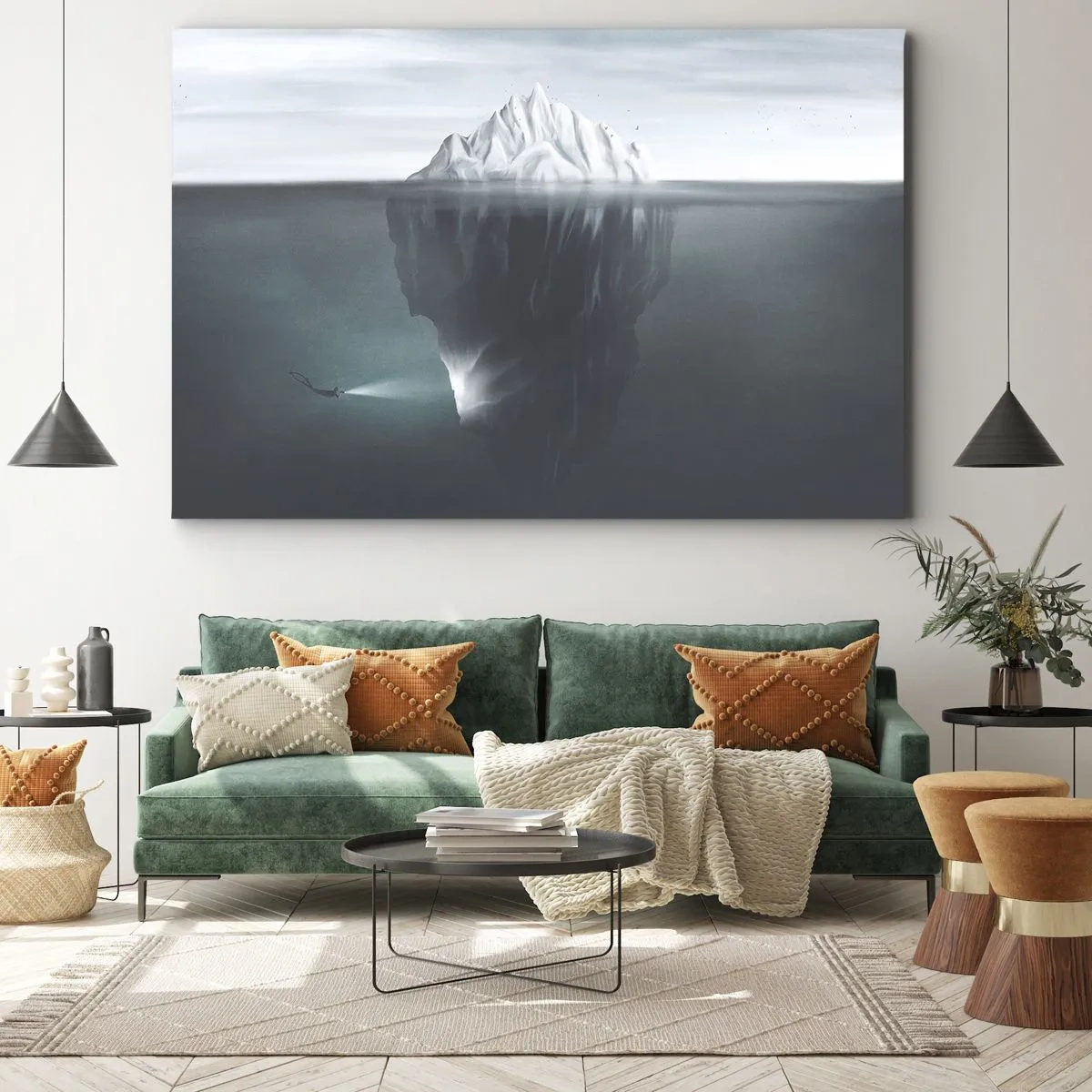 Schilderen op canvas - Een ijsberg in het water met een duiker en een zoeklicht onder het wateroppervlak. - 70x50cm - Onderwater mysterie - Moderne wanddecoratie voor woonkamer en slaapkamer ARTTOR