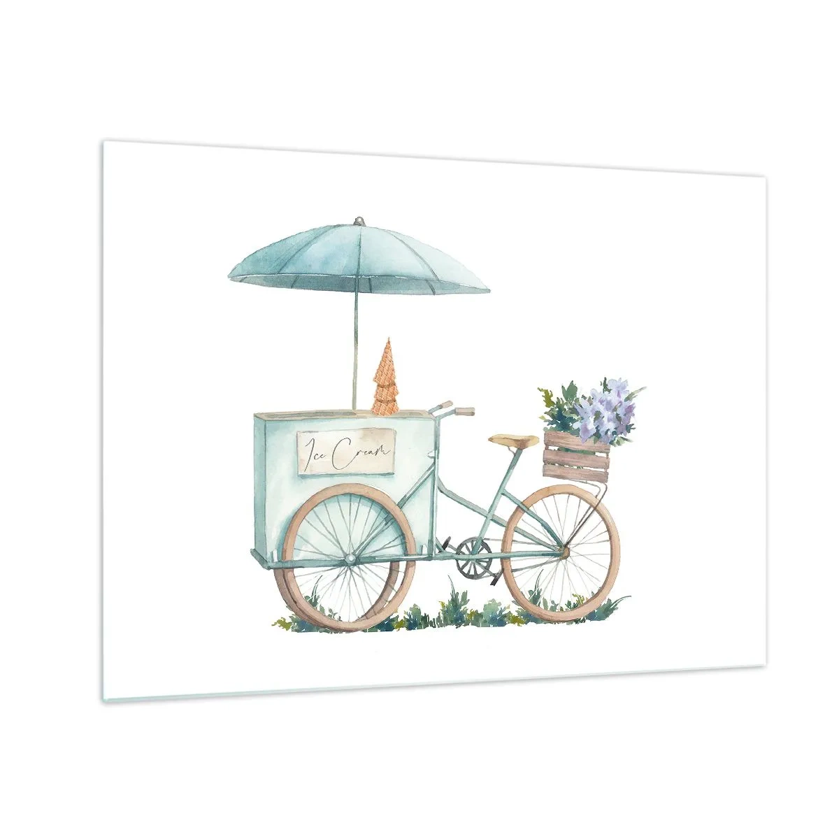 Schilderen op glas - Een fiets met ijs en pastelkleurige bloemen - 70x50cm - Zoete herinnering aan de zomer - Moderne wanddecoratie voor woonkamer en slaapkamer ARTTOR
