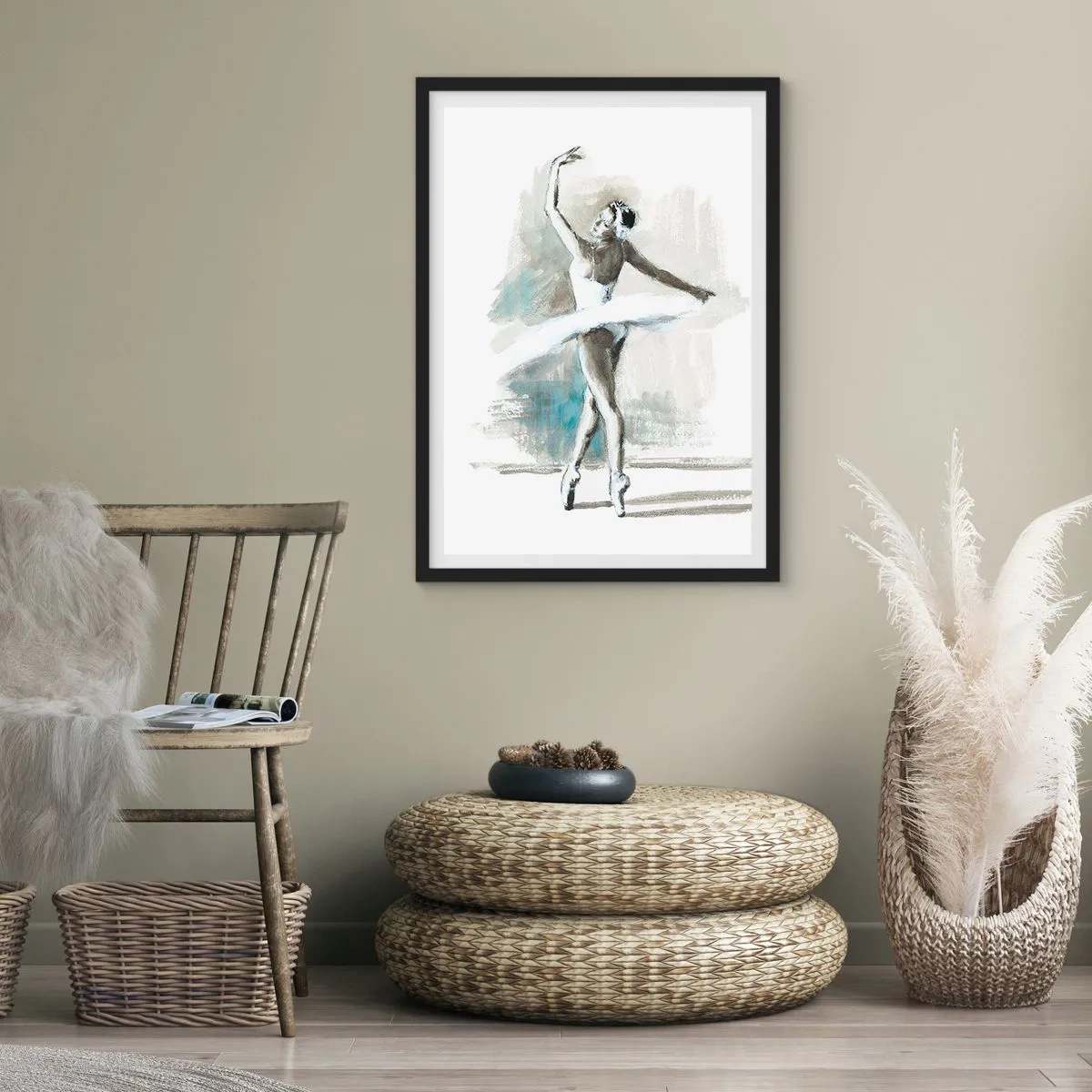 Poster in een zwarte lijst - Een balletdanseres in een witte jurk treedt op - 50x70cm - Betoverd in een zwaan - Moderne wanddecoratie voor woonkamer en slaapkamer ARTTOR