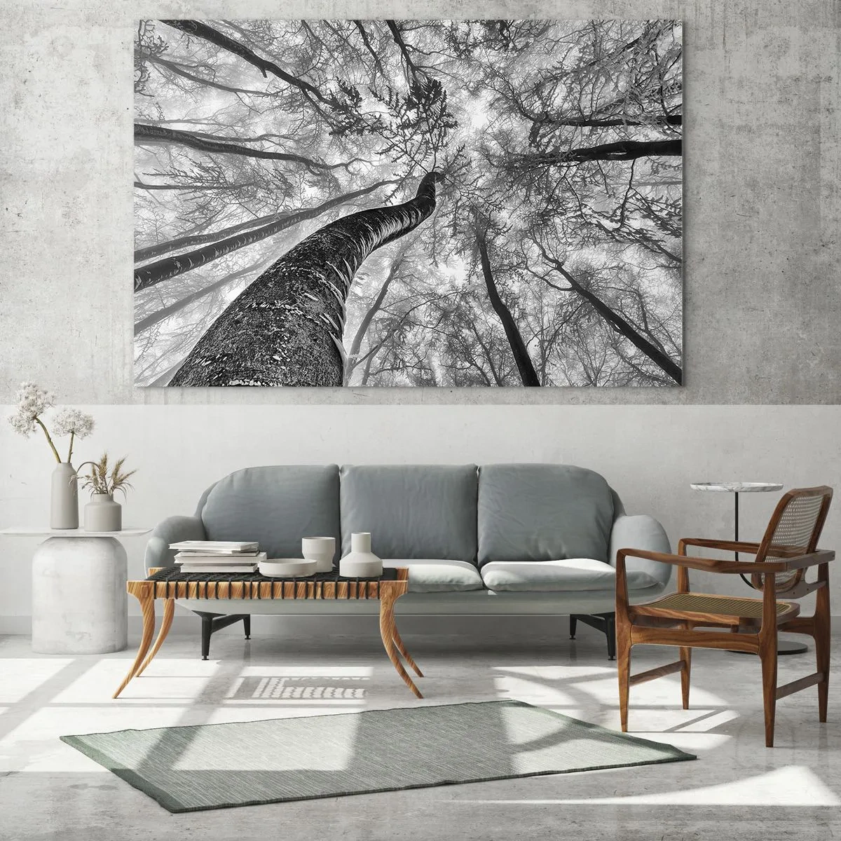 Schilderen op glas - Zwart-witte bomen gefotografeerd van onderaf richting de lucht - 70x50cm - Race naar het licht - Moderne wanddecoratie voor woonkamer en slaapkamer ARTTOR