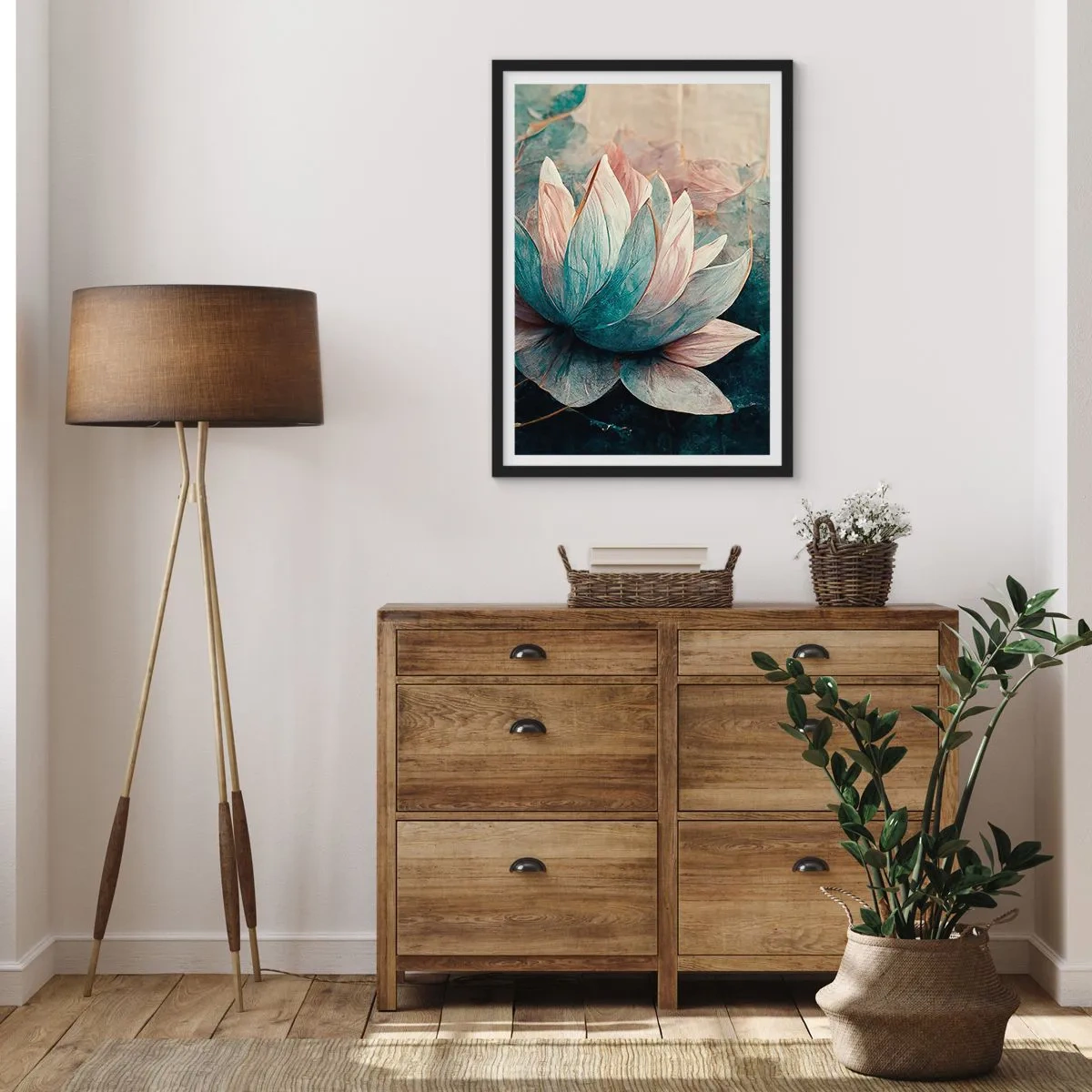 Poster in een zwarte lijst - Een delicate lotusbloem met een mystieke uitstraling - 50x70cm - Sterren van het meer - Moderne wanddecoratie voor woonkamer en slaapkamer ARTTOR