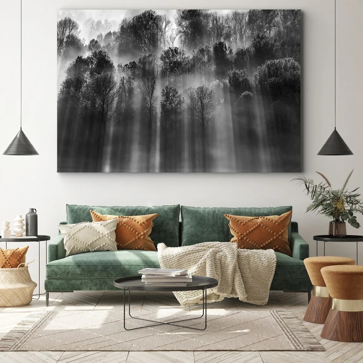 Schilderen op canvas - Zwart-wit bos in het ochtendlicht - 70x50cm - In stromen van licht - Moderne wanddecoratie voor woonkamer en slaapkamer ARTTOR