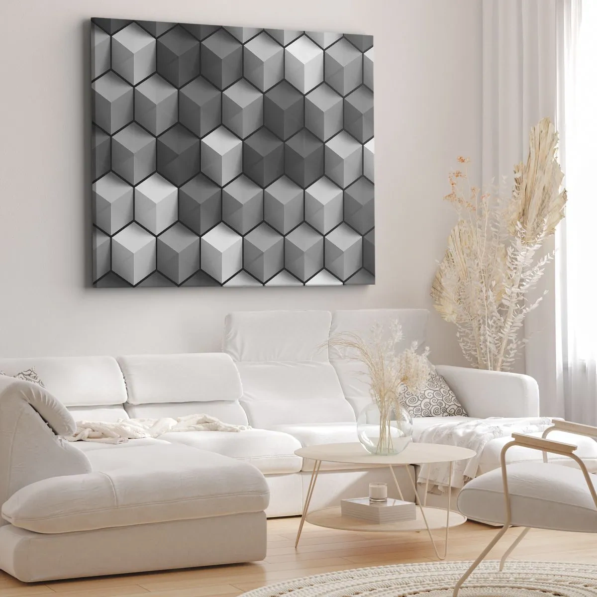 Schilderen op canvas - Geometrische compositie van kubussen in tinten grijs en zwart - 70x50cm - Kubistische puzzel - Moderne wanddecoratie voor woonkamer en slaapkamer ARTTOR