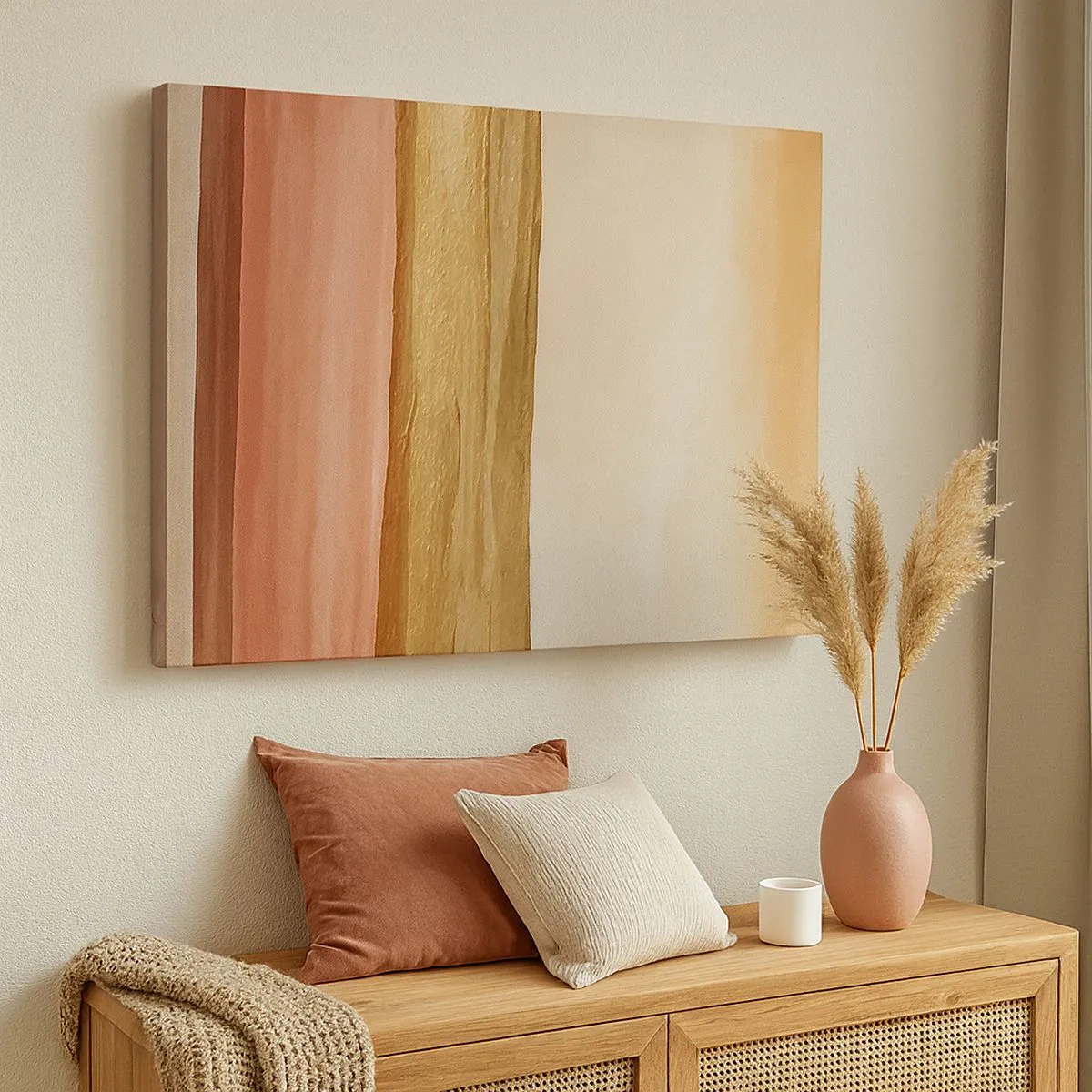 Schilderen op canvas - Abstracte strepen in tinten beige, goud en roze op canvas - 70x50cm - Verticale compositie - Moderne wanddecoratie voor woonkamer en slaapkamer ARTTOR