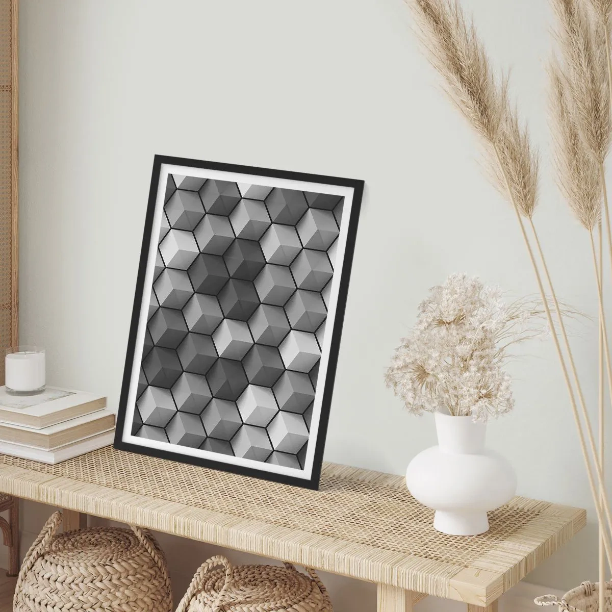 Poster in een zwarte lijst - Zwart-witcompositie van 3D geometrische kubussen - 50x70cm - Kubistische puzzel - Moderne wanddecoratie voor woonkamer en slaapkamer ARTTOR