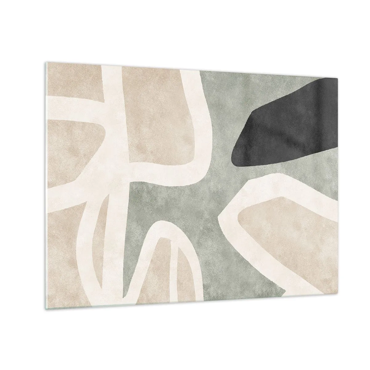 Schilderen op glas - Abstracte vormen in beige en groen met een vleugje zwart - 70x50cm - Compositie met een zwart motief - Moderne wanddecoratie voor woonkamer en slaapkamer ARTTOR