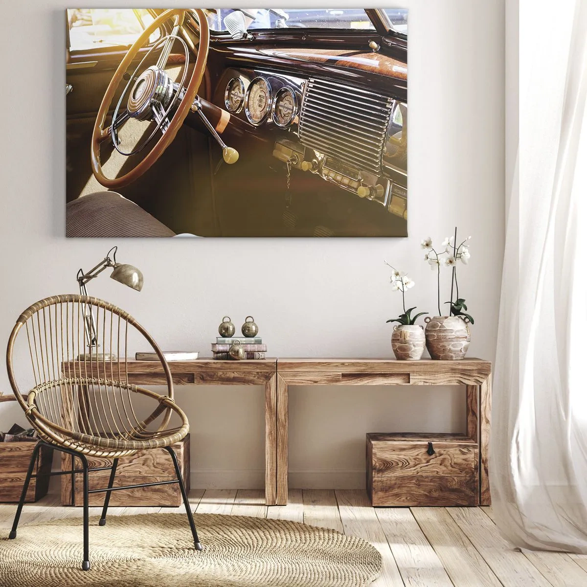 Schilderen op canvas - Close-up van het interieur van een klassieke auto met houten en chromen details. - 70x50cm - Een adem van luxe uit het verleden - Moderne wanddecoratie voor woonkamer en slaapkamer ARTTOR