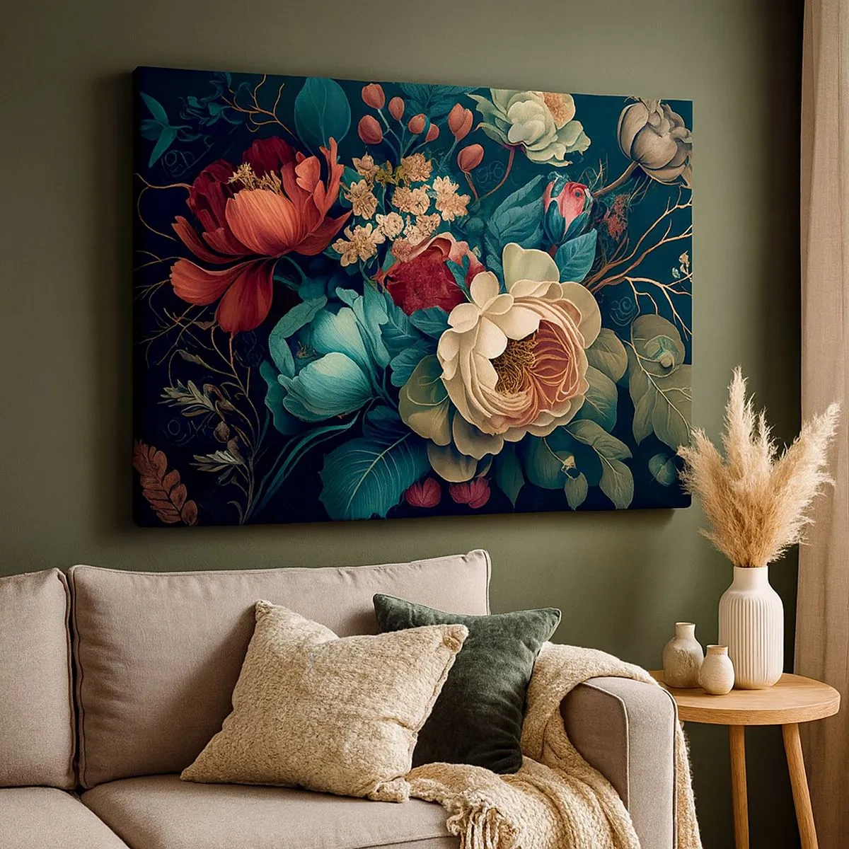 Schilderen op canvas - Een kleurrijke compositie van bloemen op een donkere achtergrond - 70x50cm - 19e-eeuwse charme - Moderne wanddecoratie voor woonkamer en slaapkamer ARTTOR