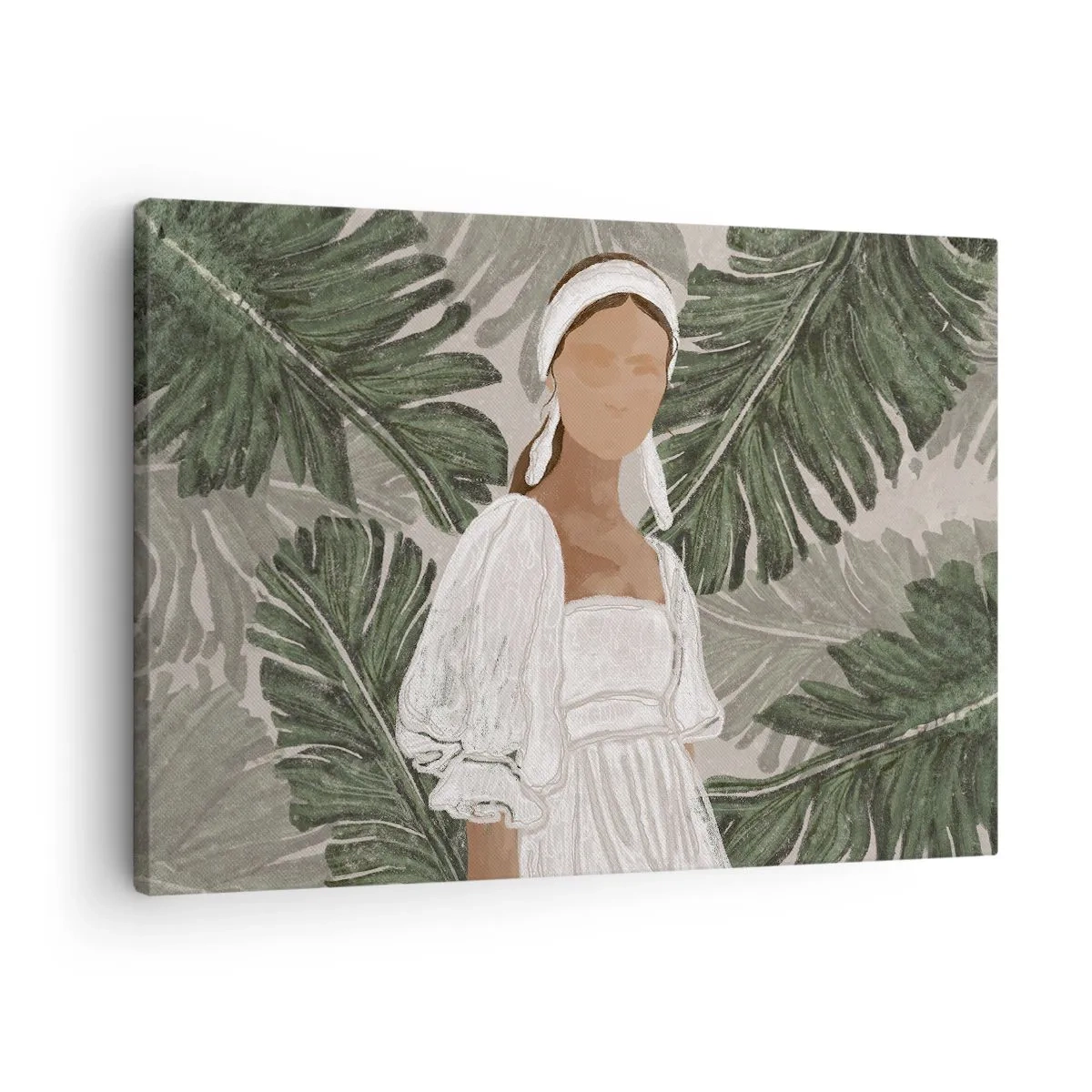 Schilderen op canvas - Portret van een vrouw in een witte jurk tegen een achtergrond van monsterabladeren - 70x50cm - Exotisch portret - Moderne wanddecoratie voor woonkamer en slaapkamer ARTTOR