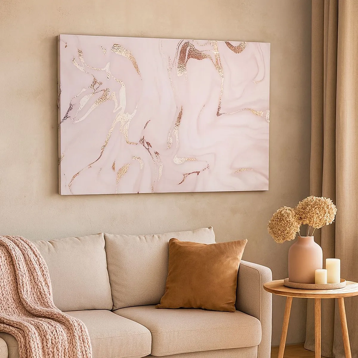 Schilderen op canvas - Elegante abstractie in tinten roze en goud - 70x50cm - In een roze sjaal - Moderne wanddecoratie voor woonkamer en slaapkamer ARTTOR