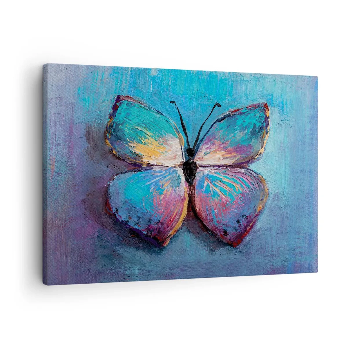 Schilderen op canvas - Kleurrijke vlinder op een blauwe achtergrond - 70x50cm - In al zijn glorie - Moderne wanddecoratie voor woonkamer en slaapkamer ARTTOR