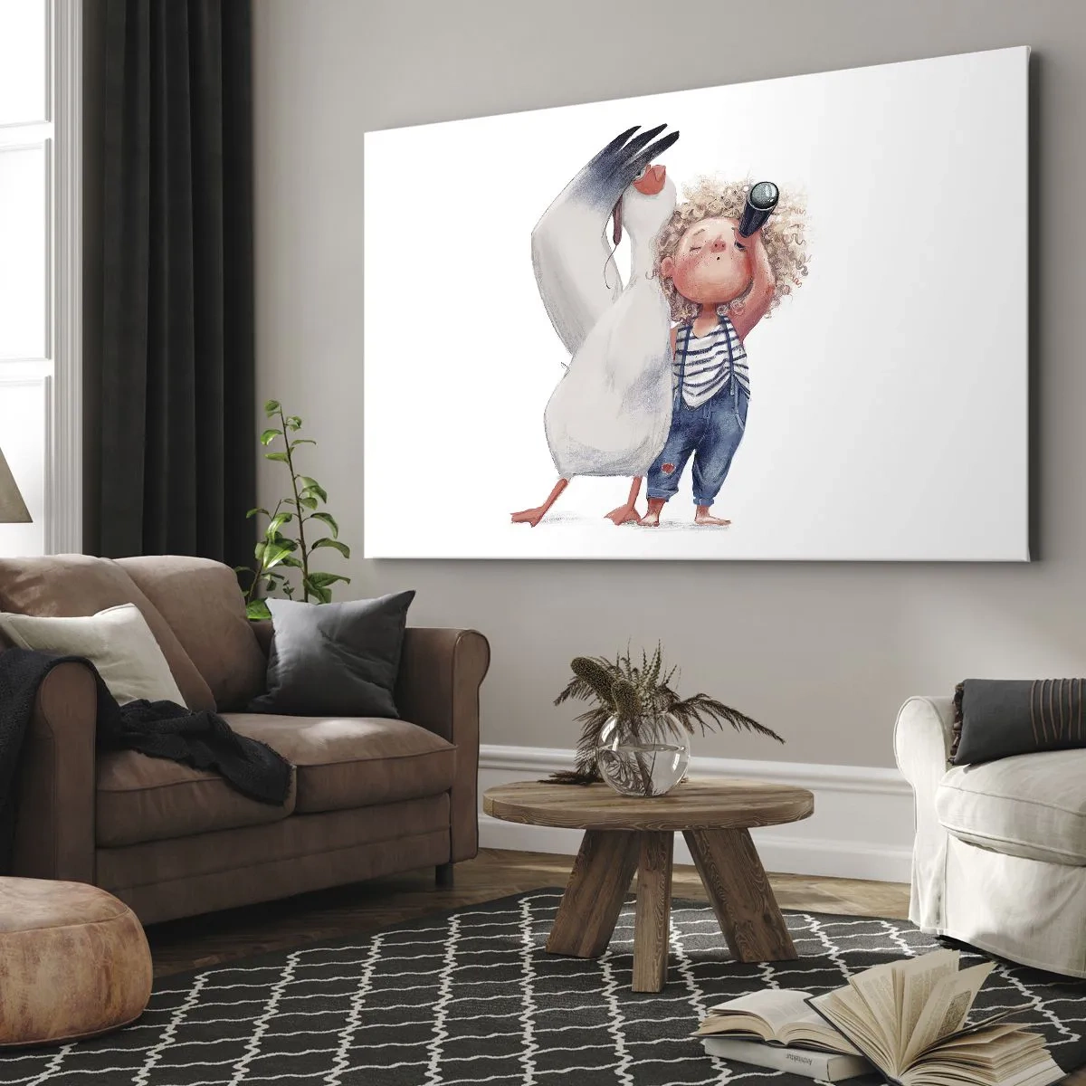 Schilderen op canvas - Illustratie van een kind met een pelikaan en een telescoop in zijn hand - 70x50cm - Een geweldige reisroute - Moderne wanddecoratie voor woonkamer en slaapkamer ARTTOR