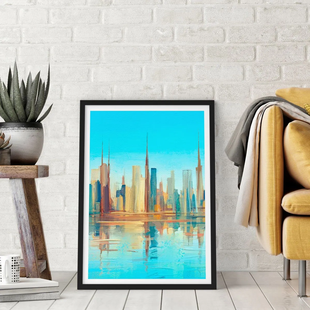 Poster in een zwarte lijst - Kleurrijk stadspanorama met weerspiegeling in het water - 50x70cm - Een zonnige metropool - Moderne wanddecoratie voor woonkamer en slaapkamer ARTTOR