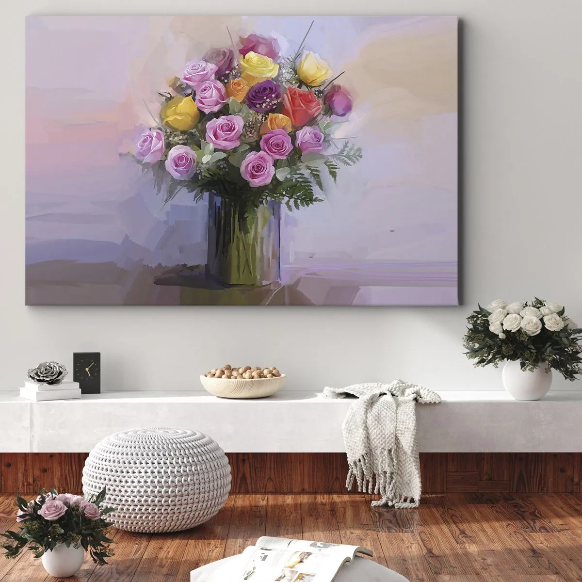 Schilderen op canvas - Een boeket kleurrijke rozen in een glazen vaas - 70x50cm - Ingehouden schoonheid - Moderne wanddecoratie voor woonkamer en slaapkamer ARTTOR