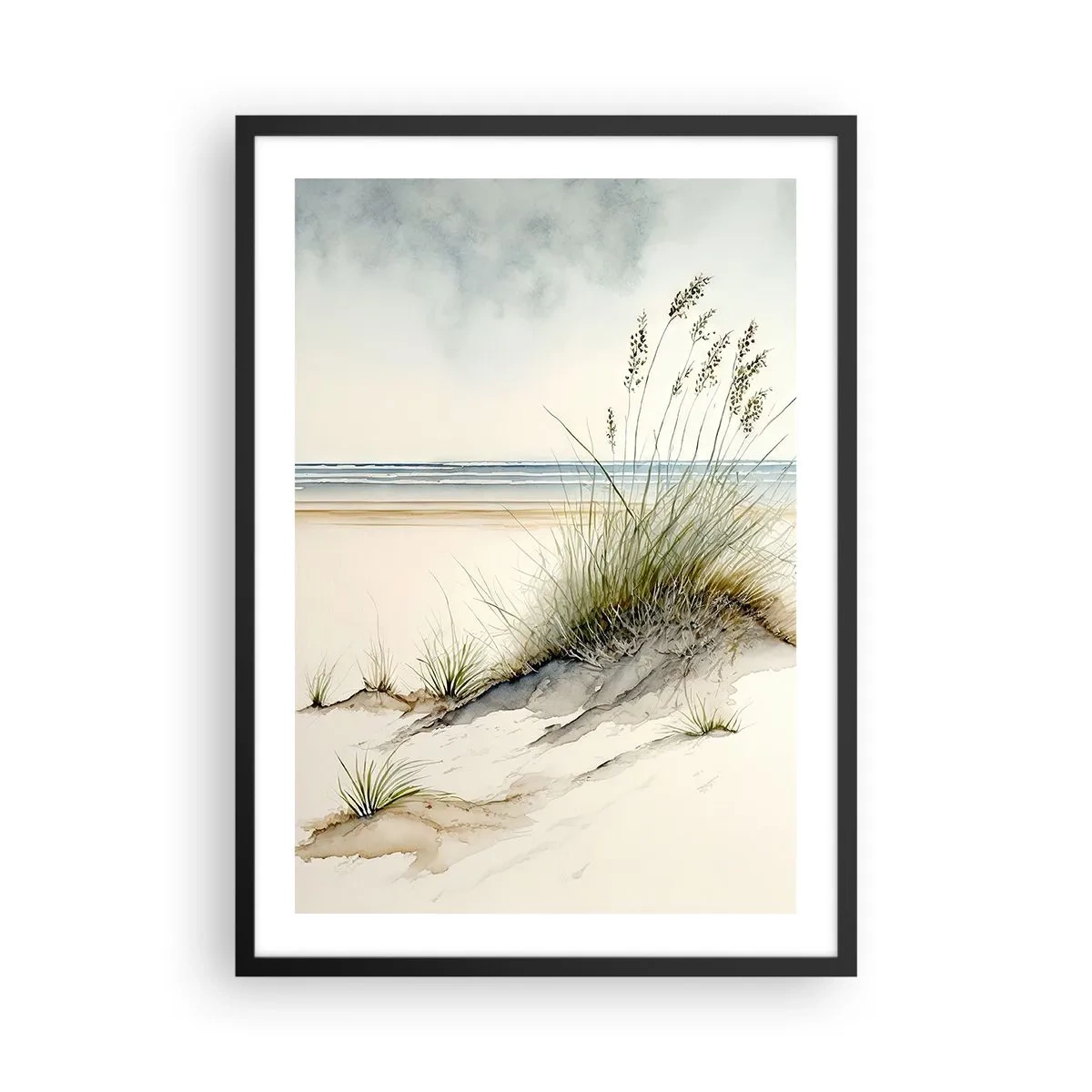 Poster in een zwarte lijst - Gestreeld door de wind - grassen op de duinen bij het strand - 50x70cm - Vertroeteld door de wind - Moderne wanddecoratie voor woonkamer en slaapkamer ARTTOR