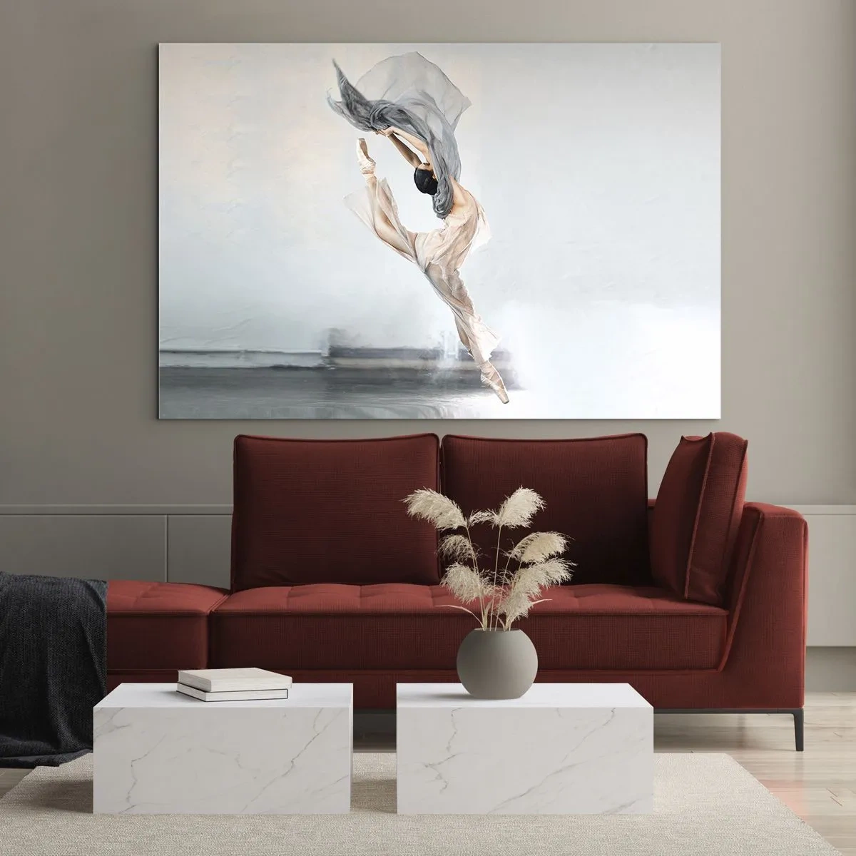 Schilderen op glas - Een ballerina voert een dynamische sprong uit in zacht licht. - 70x50cm - In dans vervoering - Moderne wanddecoratie voor woonkamer en slaapkamer ARTTOR