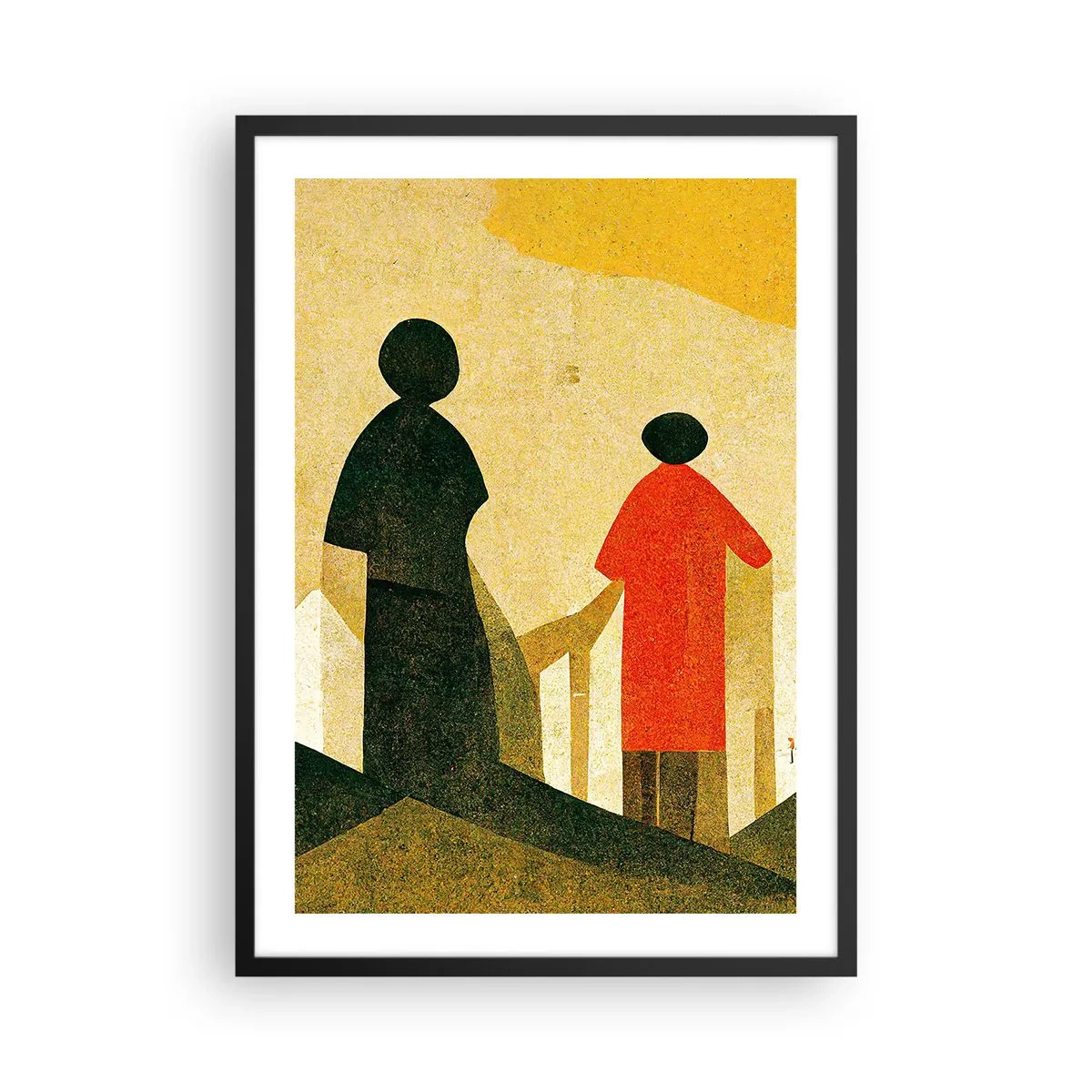 Poster in een zwarte lijst - Geometrische silhouetten van figuren tegen de achtergrond van een abstract landschap - 50x70cm - Er is nog een lange weg te gaan - Moderne wanddecoratie voor woonkamer en slaapkamer ARTTOR
