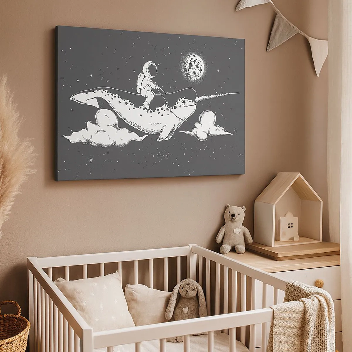 Schilderen op canvas - Een astronaut op de rug van een narwal die zweeft in een ruimtescène. - 70x50cm - Ruimte Ruiter - Moderne wanddecoratie voor woonkamer en slaapkamer ARTTOR