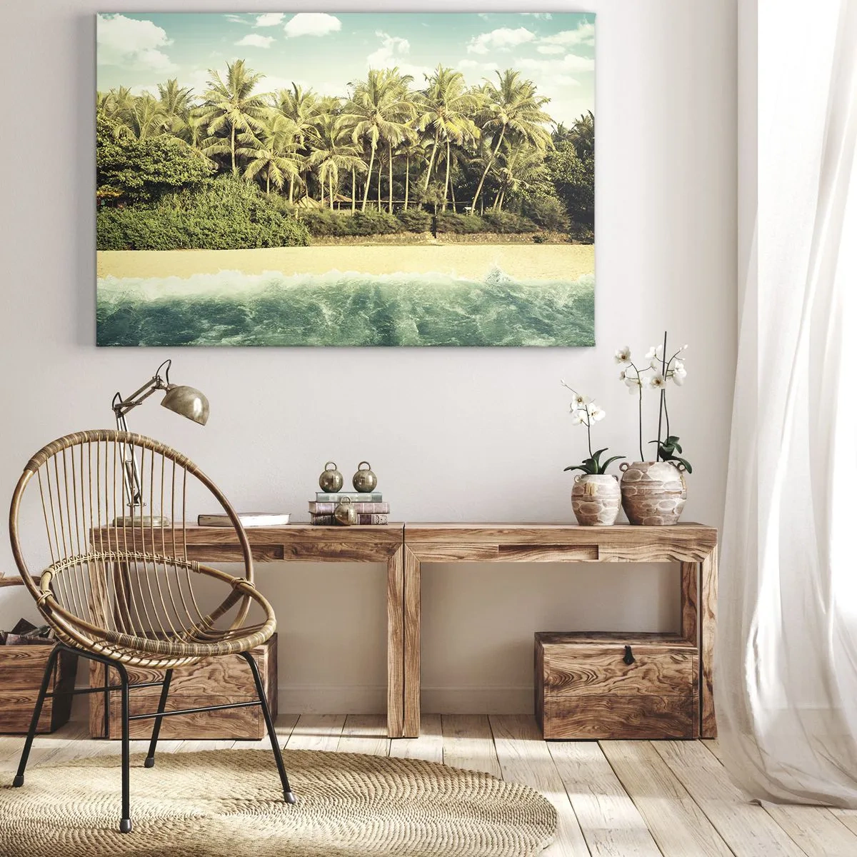 Schilderen op canvas - Tropisch strand met palmbomen en turquoise zee - 70x50cm - Hoe zit het hier? - Moderne wanddecoratie voor woonkamer en slaapkamer ARTTOR
