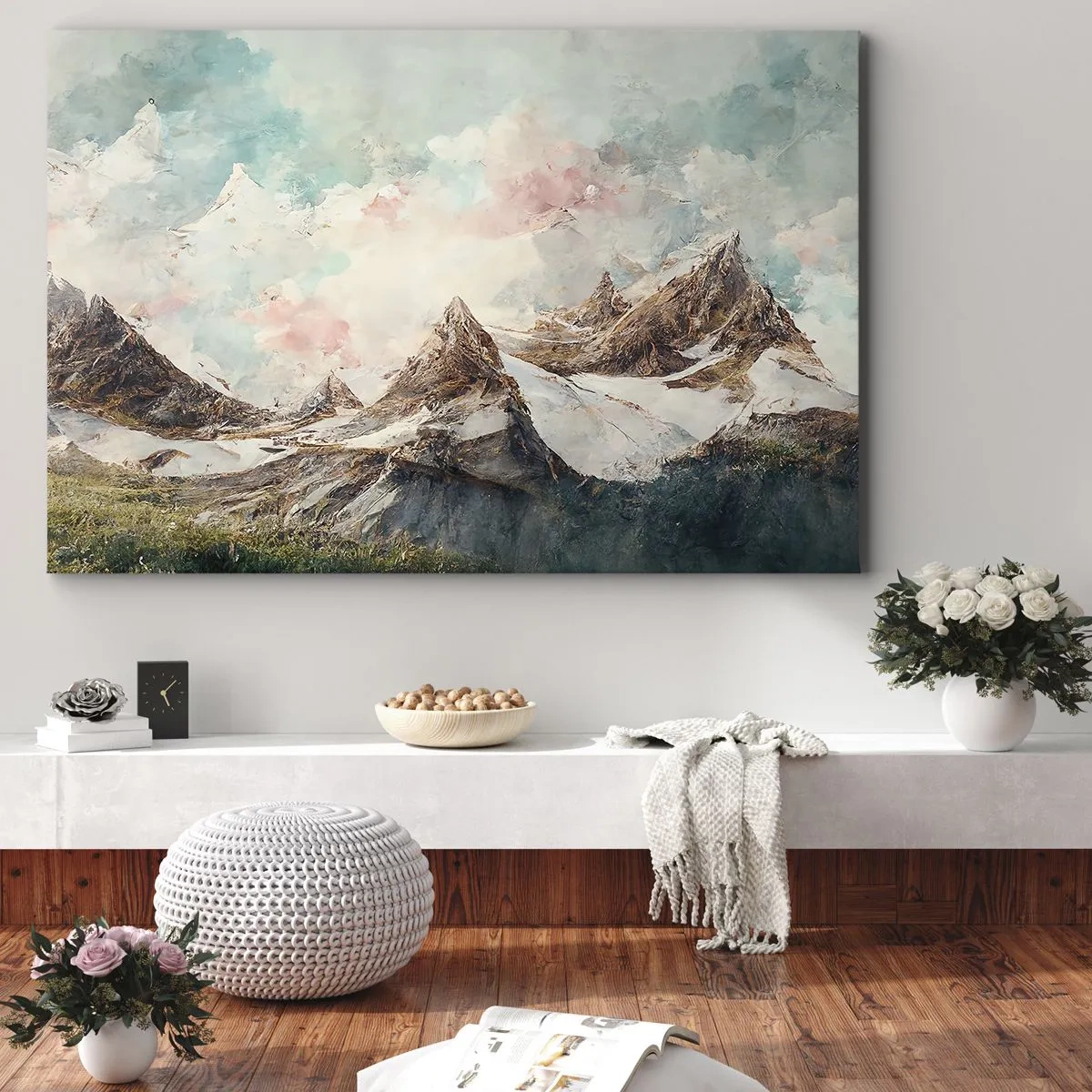 Schilderen op canvas - Schilderachtige bergen met pastelkleurige luchten - 70x50cm - Rotsbladen - Moderne wanddecoratie voor woonkamer en slaapkamer ARTTOR
