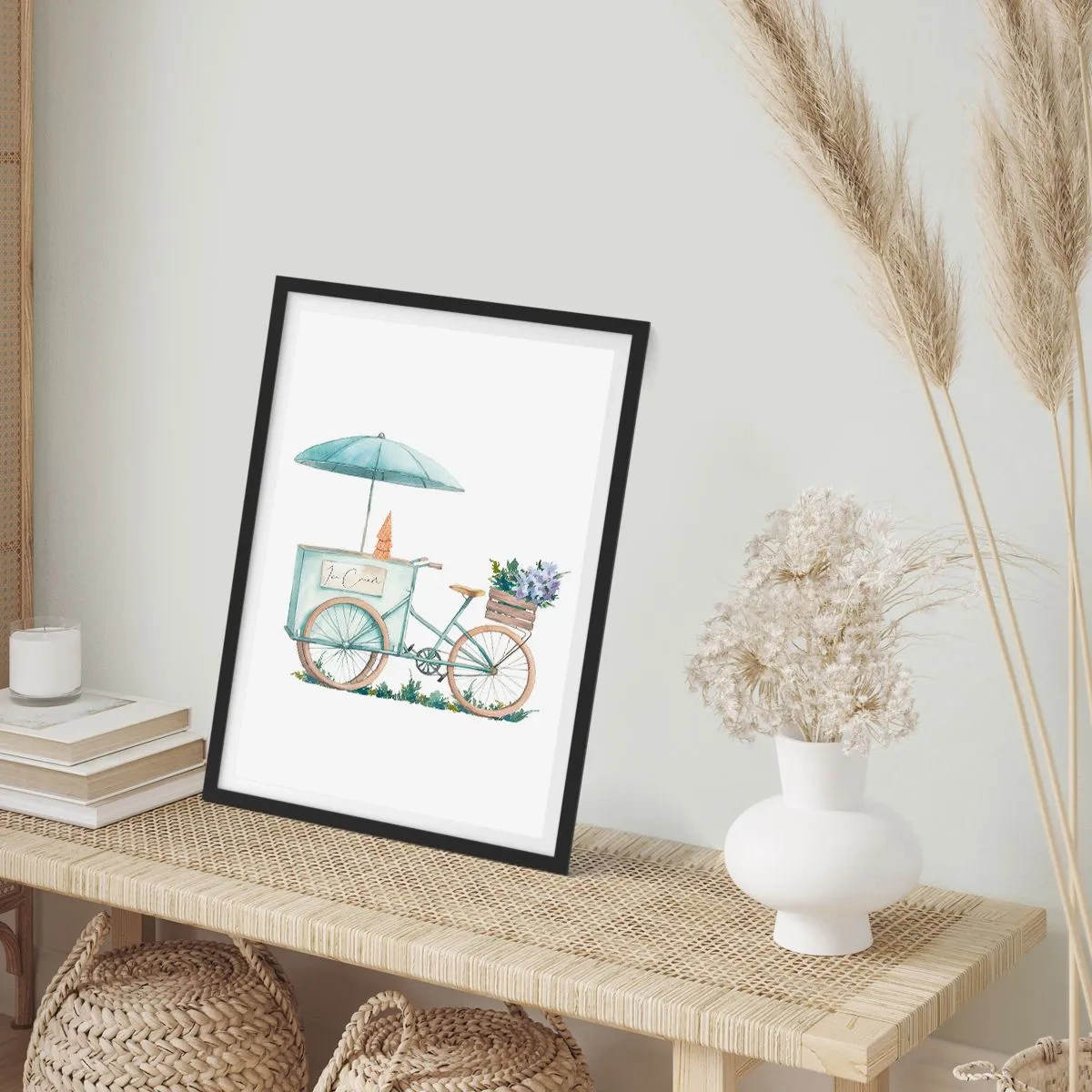 Poster in een zwarte lijst - Aquarelillustratie van een fiets met ijs en bloemen - 50x70cm - Zoete herinnering aan de zomer - Moderne wanddecoratie voor woonkamer en slaapkamer ARTTOR
