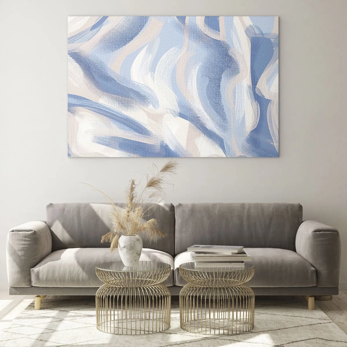 Schilderen op glas - Abstracte penseelstreken in blauw, wit en beige in een golvende vorm - 70x50cm - Blauwe golven - Moderne wanddecoratie voor woonkamer en slaapkamer ARTTOR