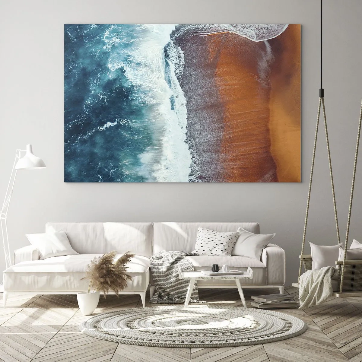Schilderen op glas - Luchtfoto van het oceaanoppervlak en de kust - 70x50cm - Aanraking van de oceaan - Moderne wanddecoratie voor woonkamer en slaapkamer ARTTOR