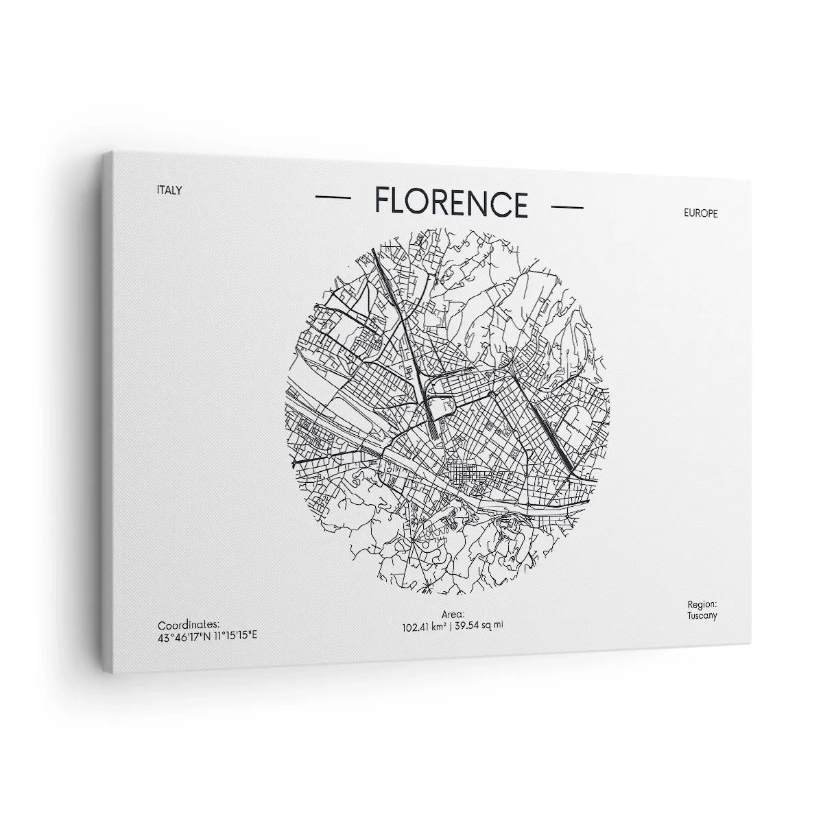 Schilderen op canvas - Een kaart van Florence in minimalistische zwart-witstijl - 70x50cm - Anatomie van Florencia - Moderne wanddecoratie voor woonkamer en slaapkamer ARTTOR
