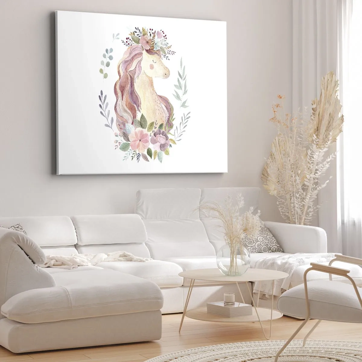Schilderen op canvas - Een eenhoorn in pastelkleuren omringd door bloemen - 70x50cm - Een uitnodiging in de wereld van sprookjes - Moderne wanddecoratie voor woonkamer en slaapkamer ARTTOR