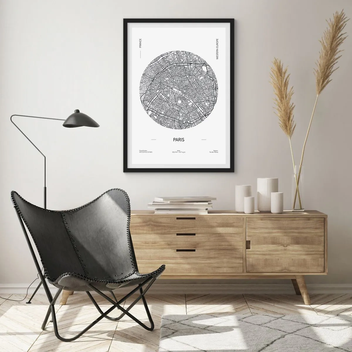 Poster in een zwarte lijst - Minimalistische kaart van Parijs in een cirkel - 50x70cm - Anatomie van Parijs - Moderne wanddecoratie voor woonkamer en slaapkamer ARTTOR