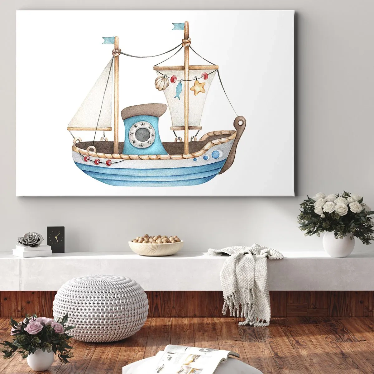 Schilderen op canvas - Illustratie van een schip in pastelkleuren op een witte achtergrond - 70x50cm - Ahoi, avontuur! - Moderne wanddecoratie voor woonkamer en slaapkamer ARTTOR