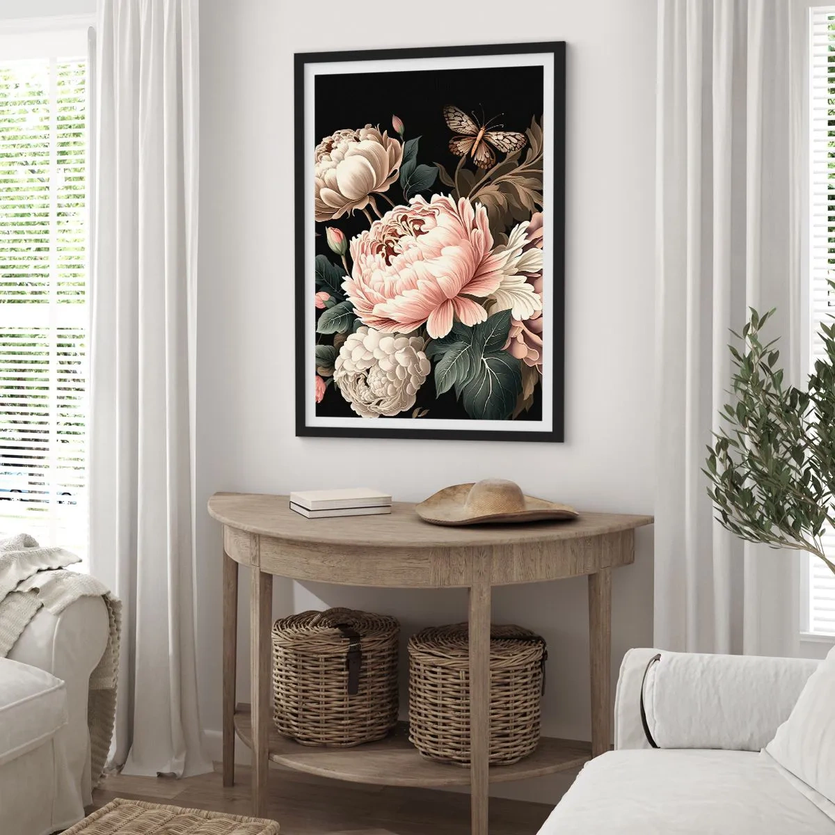 Poster in een zwarte lijst - Elegante pioenrozen en een vlinder op een zwarte achtergrond - 50x70cm - In barokstijl - Moderne wanddecoratie voor woonkamer en slaapkamer ARTTOR