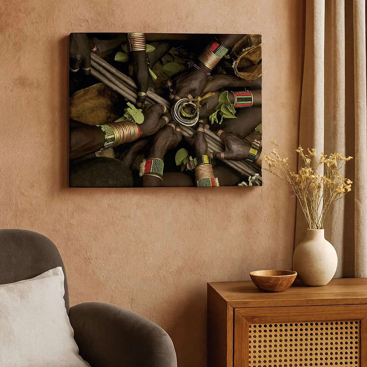 Schilderen op canvas - Traditionele handarmbanden in een groep handen - 70x50cm - Wij zijn samen - Moderne wanddecoratie voor woonkamer en slaapkamer ARTTOR