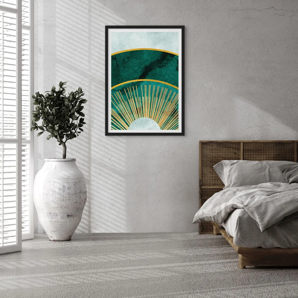 Poster in een zwarte lijst - Een elegante geometrische compositie in tinten groen en goud - 50x70cm - Een ander zonnestelsel - Moderne wanddecoratie voor woonkamer en slaapkamer ARTTOR