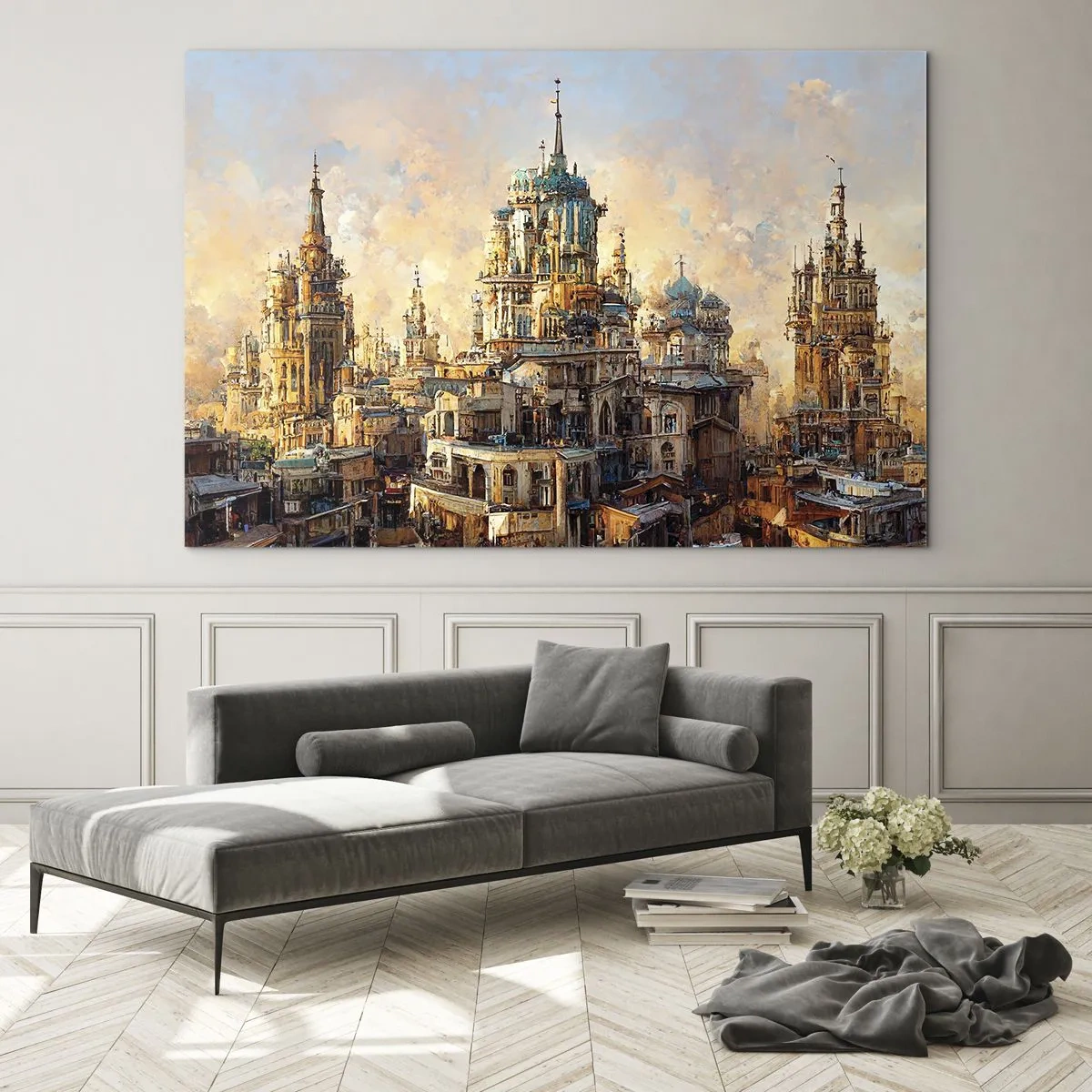 Schilderen op glas - Een fantastisch panorama van de stad met torens en paleizen - 70x50cm - Stad der steden - Moderne wanddecoratie voor woonkamer en slaapkamer ARTTOR