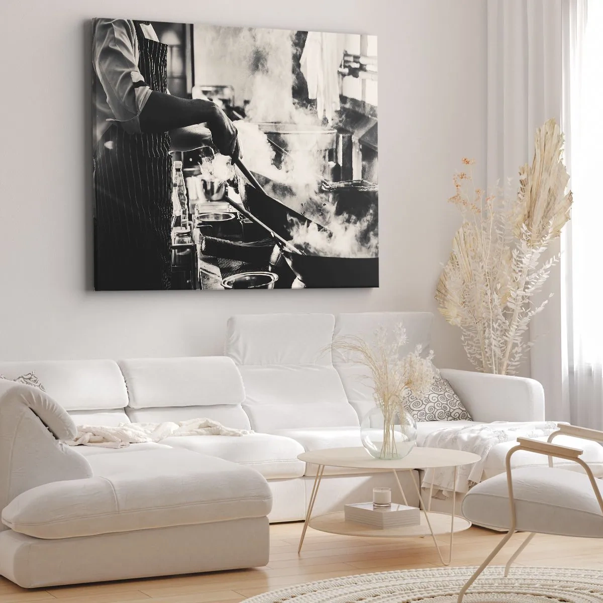 Schilderen op canvas - Een chef-kok aan het werk in de keuken met stoom die uit een koekenpan opstijgt - 70x50cm - Alchemie van smaken - Moderne wanddecoratie voor woonkamer en slaapkamer ARTTOR