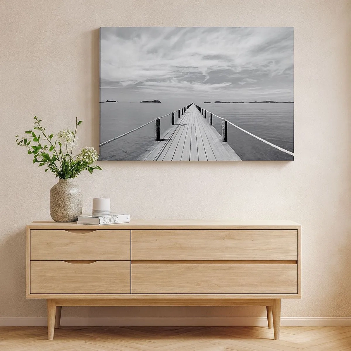Schilderen op canvas - Een houten pier die in de verte over een kalme zee leidt - 70x50cm - Of misschien een reis... - Moderne wanddecoratie voor woonkamer en slaapkamer ARTTOR