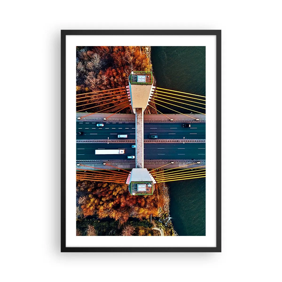 Poster in een zwarte lijst - Bovenaanzicht van een moderne brug met auto's en gele touwen - 50x70cm - BEYOND the waters, beyond the forest - Moderne wanddecoratie voor woonkamer en slaapkamer ARTTOR