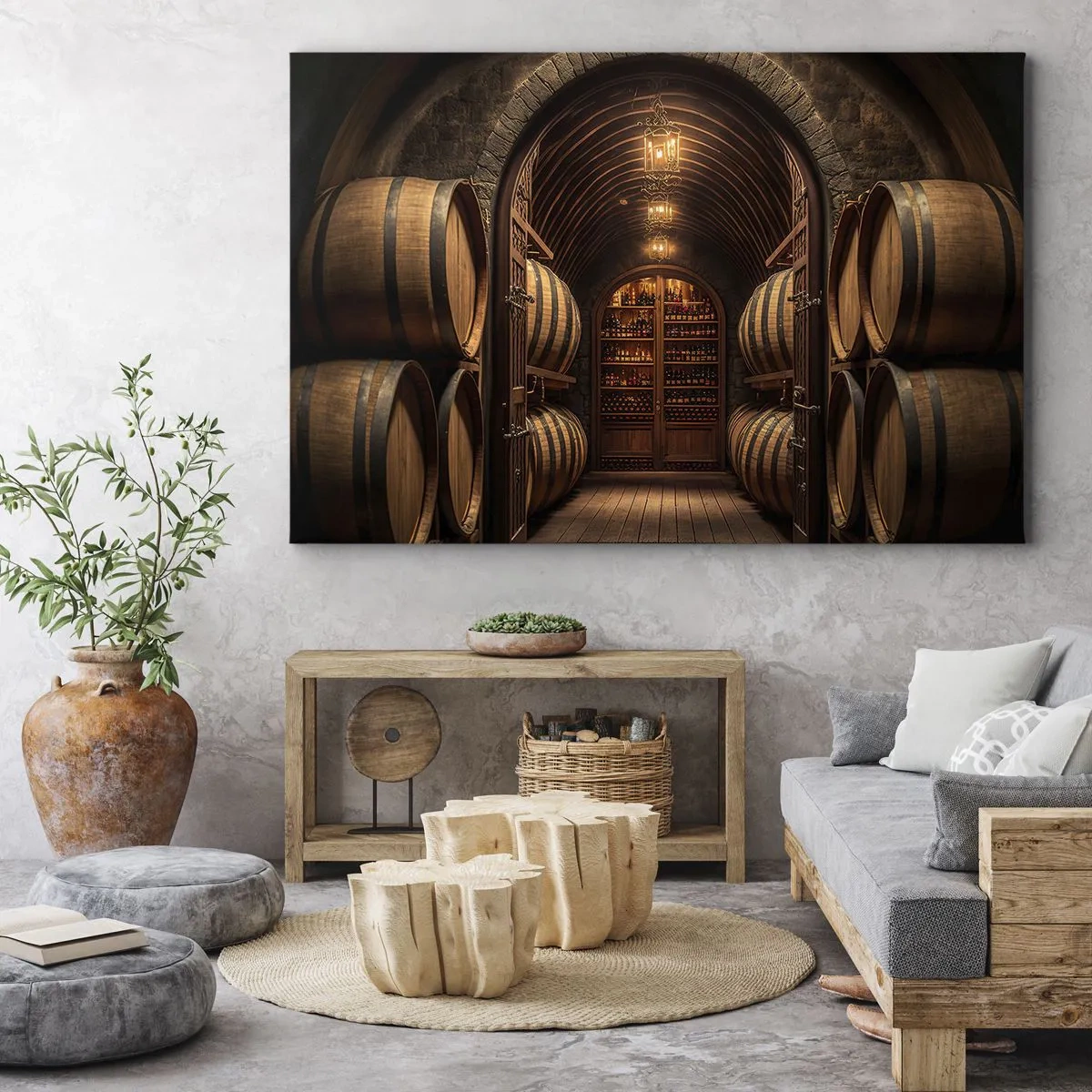Schilderen op canvas - Wijnkelder met houten vaten en wijnplanken - 70x50cm - Sfeervolle kelder - Moderne wanddecoratie voor woonkamer en slaapkamer ARTTOR