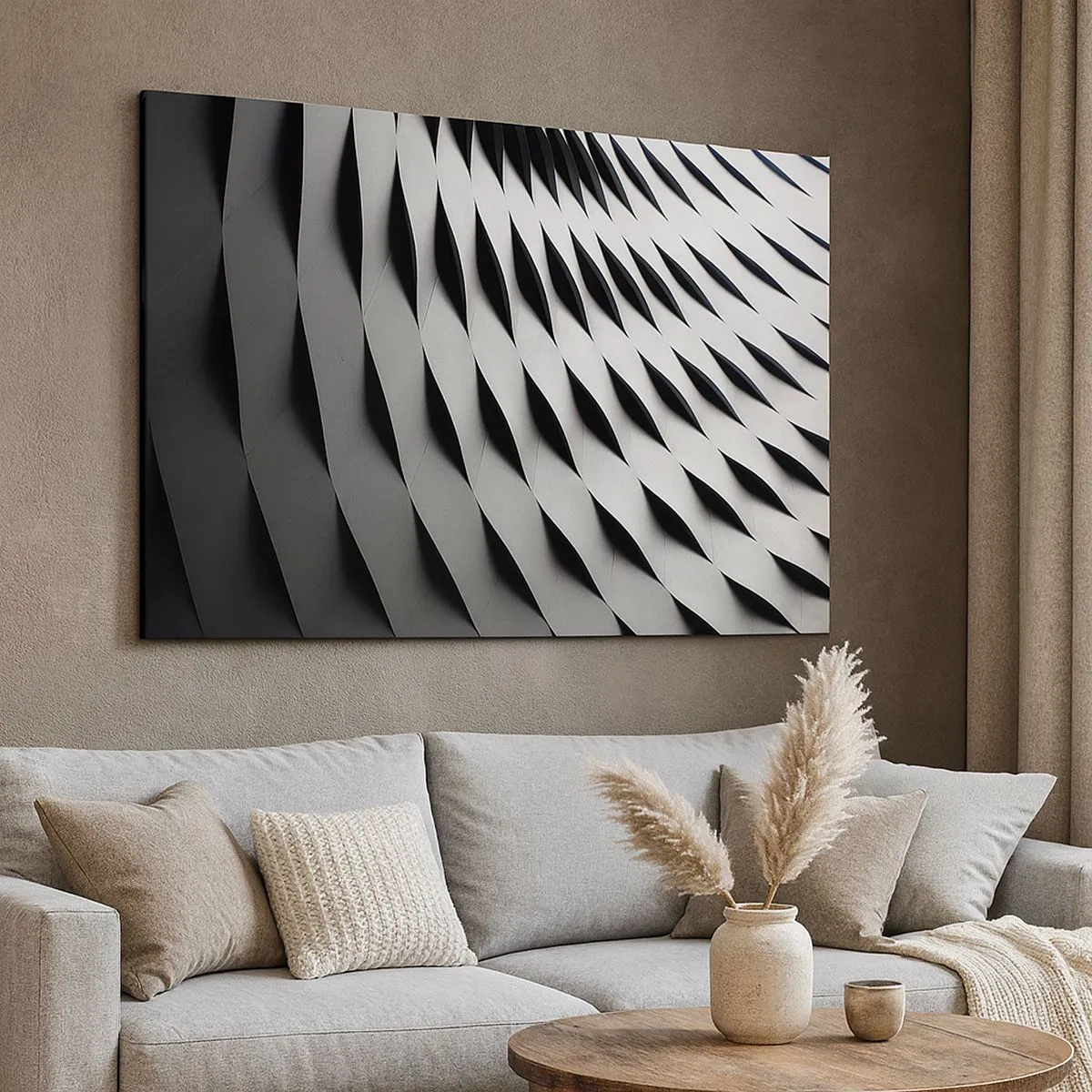 Schilderen op canvas - Abstract geometrisch patroon in tinten zwart en wit - 70x50cm - Aan de oppervlakte van de golven - Moderne wanddecoratie voor woonkamer en slaapkamer ARTTOR