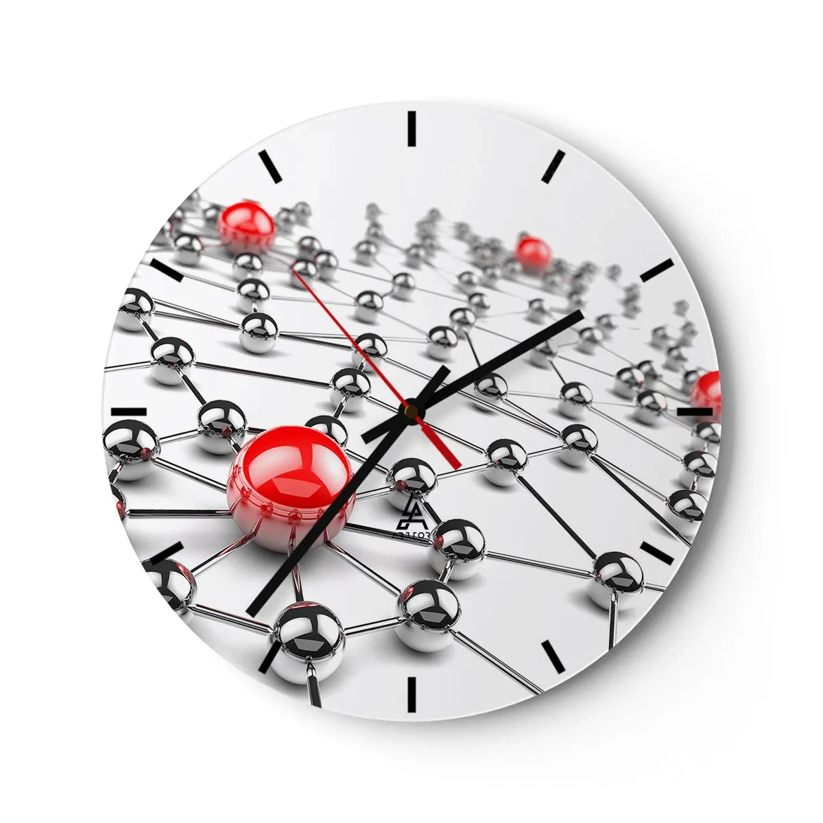 Wandklok - Klok - Moleculaire structuur met rode accenten op een witte achtergrond - 30x30cm - Zilverachtig web - Moderne wanddecoratie voor woonkamer, keuken en slaapkamer ARTTOR