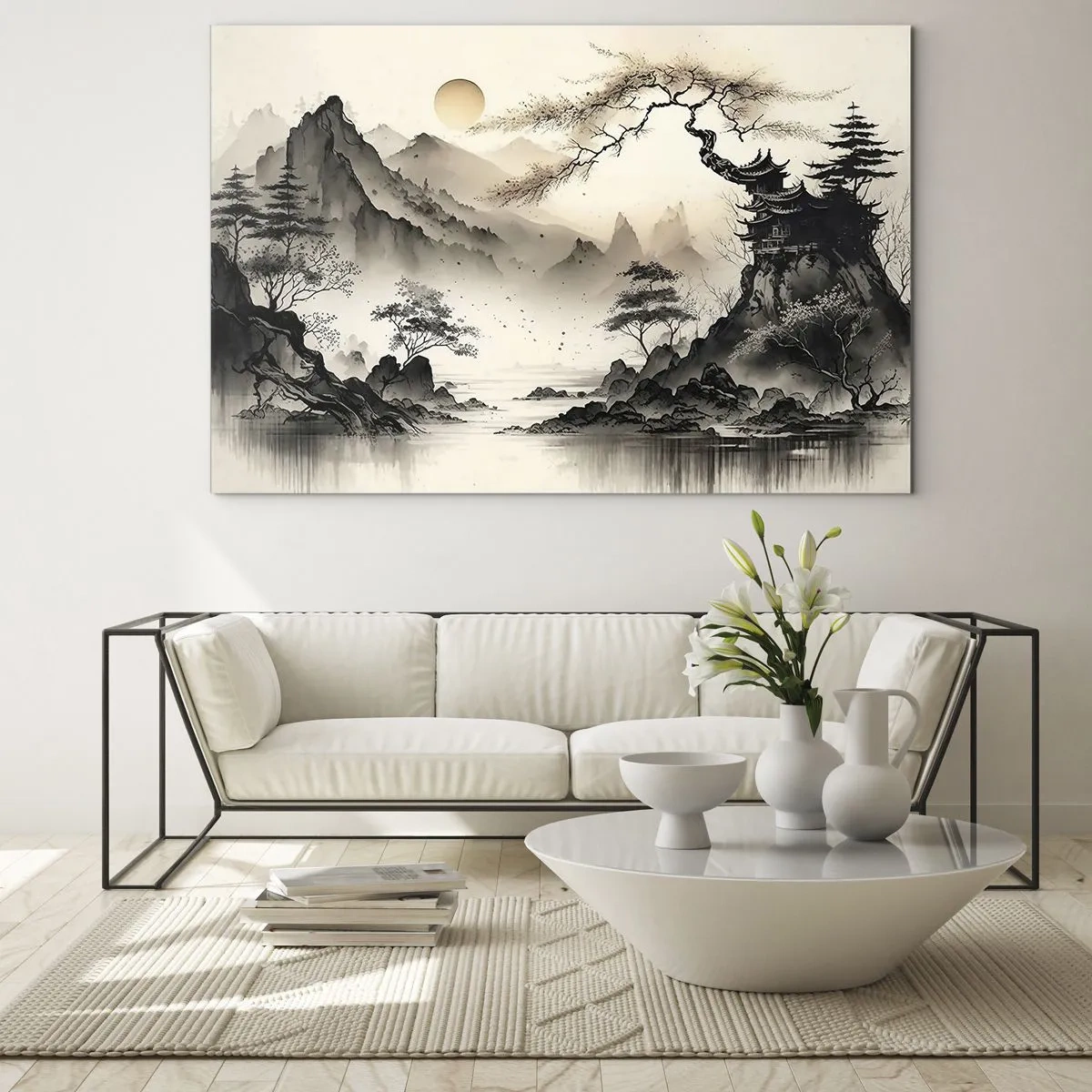 Schilderen op glas - Oosters berglandschap met een pagode en bomen - 70x50cm - De unieke charme van het Oosten - Moderne wanddecoratie voor woonkamer en slaapkamer ARTTOR