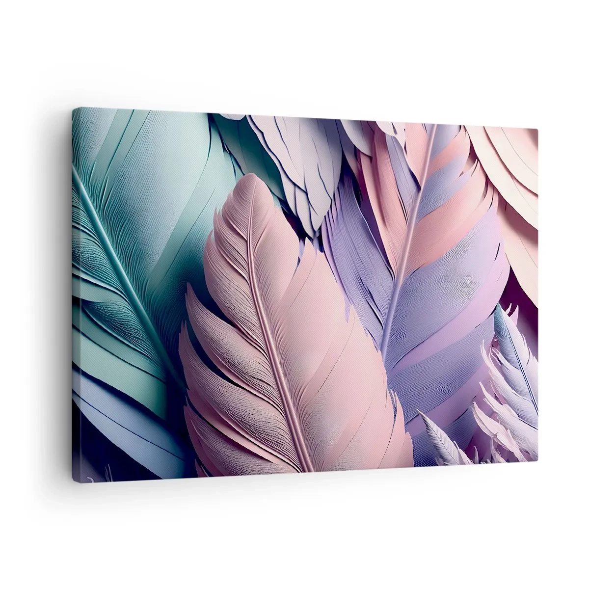 Schilderen op canvas - Kleurrijke veren in pasteltinten op een lichte achtergrond - 70x50cm - Vogel chique - Moderne wanddecoratie voor woonkamer en slaapkamer ARTTOR