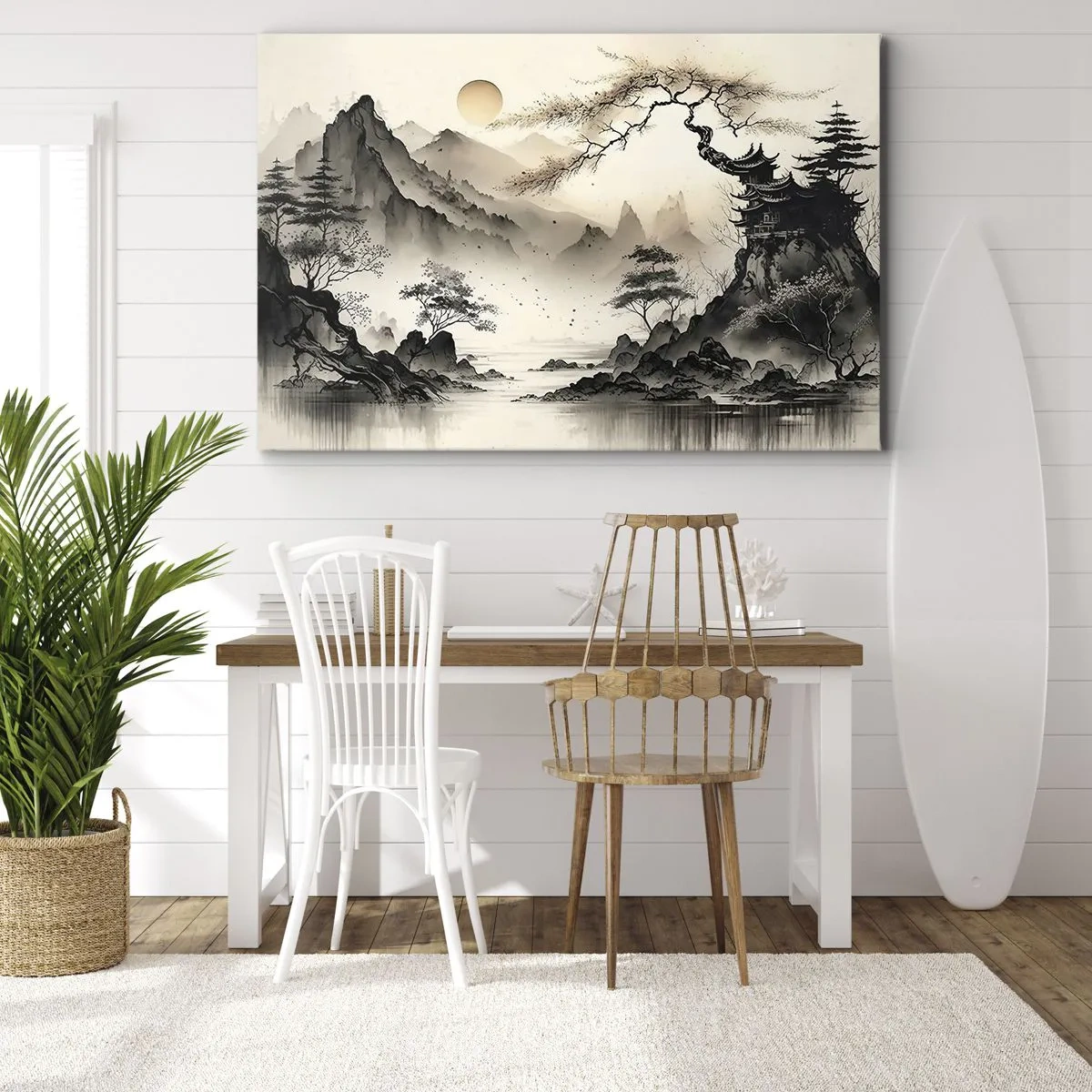 Schilderen op canvas - Een oosters landschap met bergen en een pagode in delicate tinten. - 70x50cm - De unieke charme van het Oosten - Moderne wanddecoratie voor woonkamer en slaapkamer ARTTOR