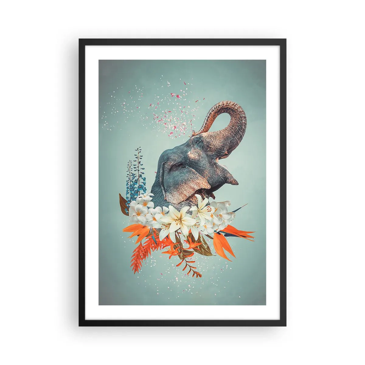 Poster in een zwarte lijst - Een olifant tussen de bloemen in een surrealistische compositie - 50x70cm - Een gebrul van vreugde - Moderne wanddecoratie voor woonkamer en slaapkamer ARTTOR