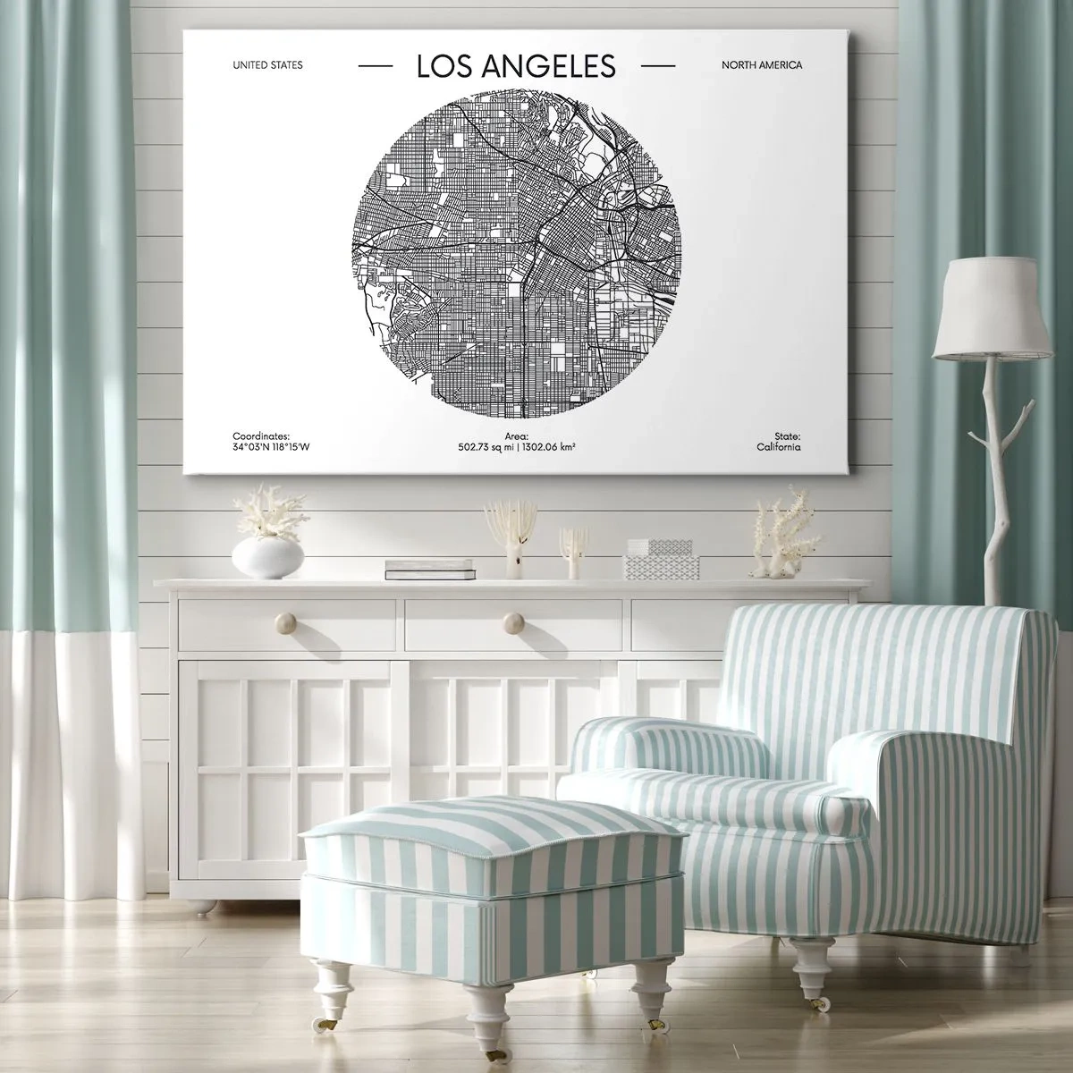 Schilderen op canvas - Een kaart van Los Angeles in minimalistische zwart-witstijl - 70x50cm - Anatomie van Los Angeles - Moderne wanddecoratie voor woonkamer en slaapkamer ARTTOR